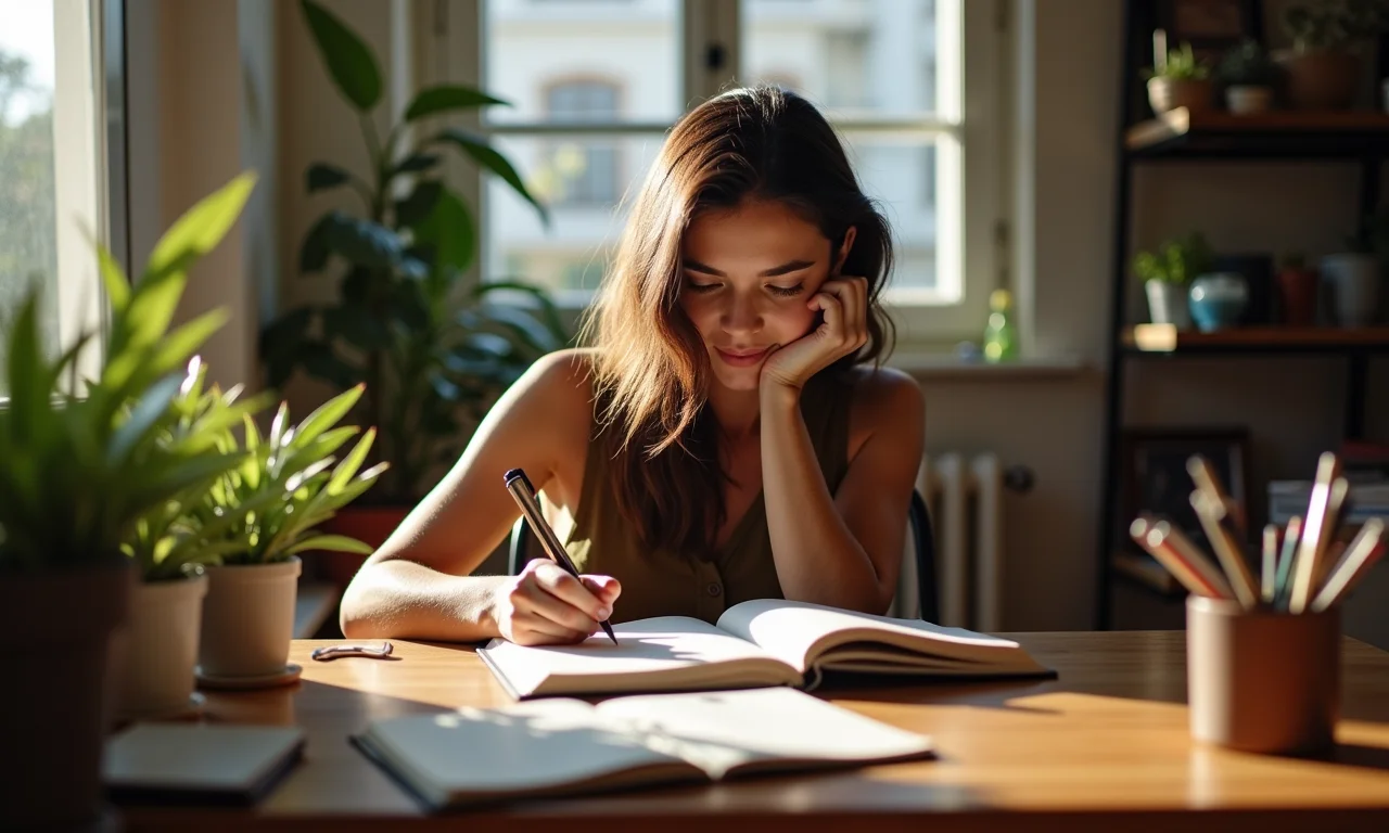 Mulher escrevendo em diário, refletindo sobre experiências passadas.