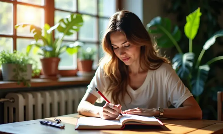 Mulher escrevendo em um diário em sala iluminada, estilo brasileiro, cercada de plantas.
