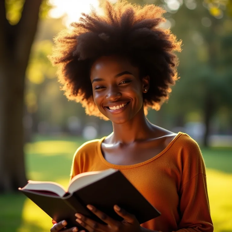 Mulher escrevendo em um diário em um parque ensolarado, cultivando otimismo realista