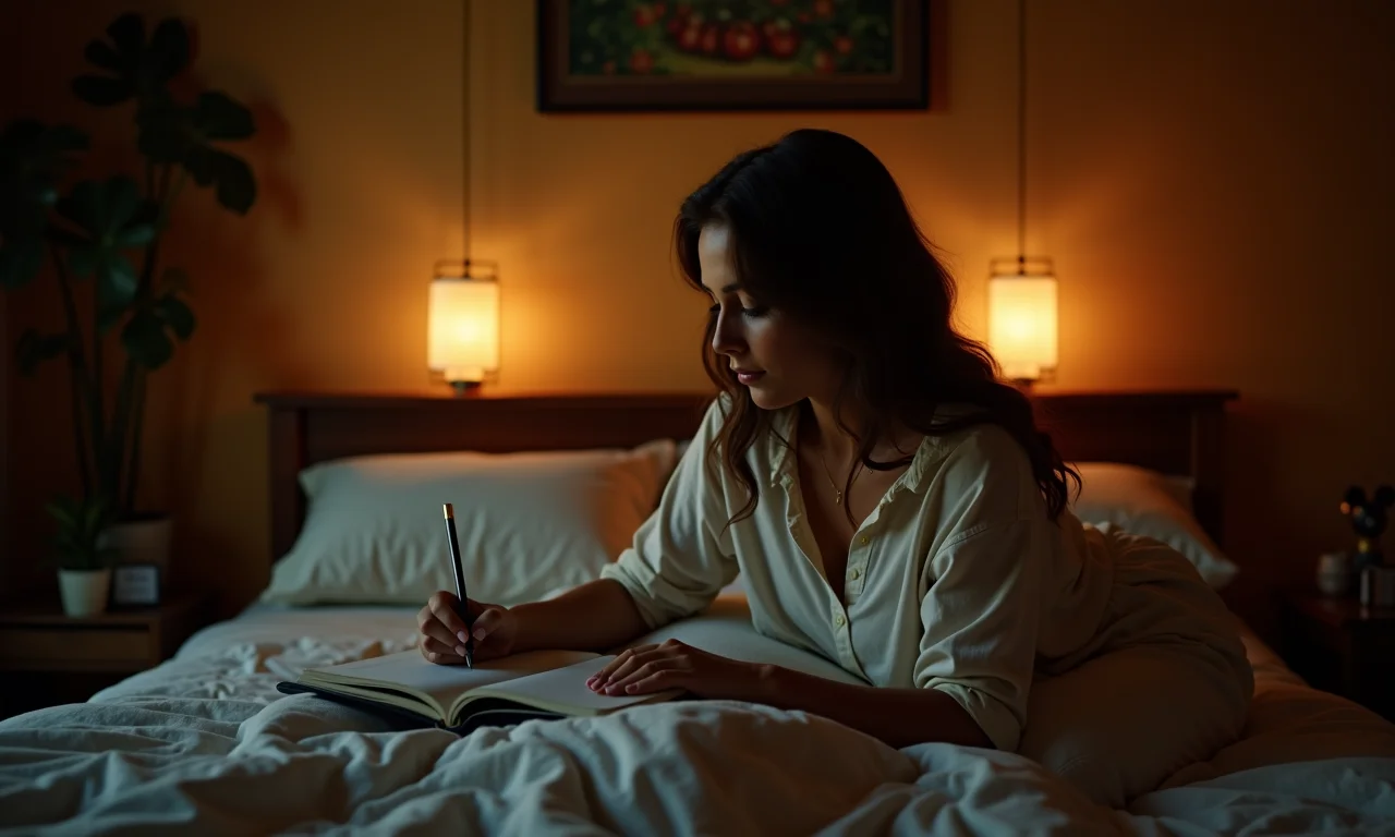 Journaling noturno: Desabafe e relaxe Mulher escrevendo em um diário na cama em um quarto aconchegante e iluminado.