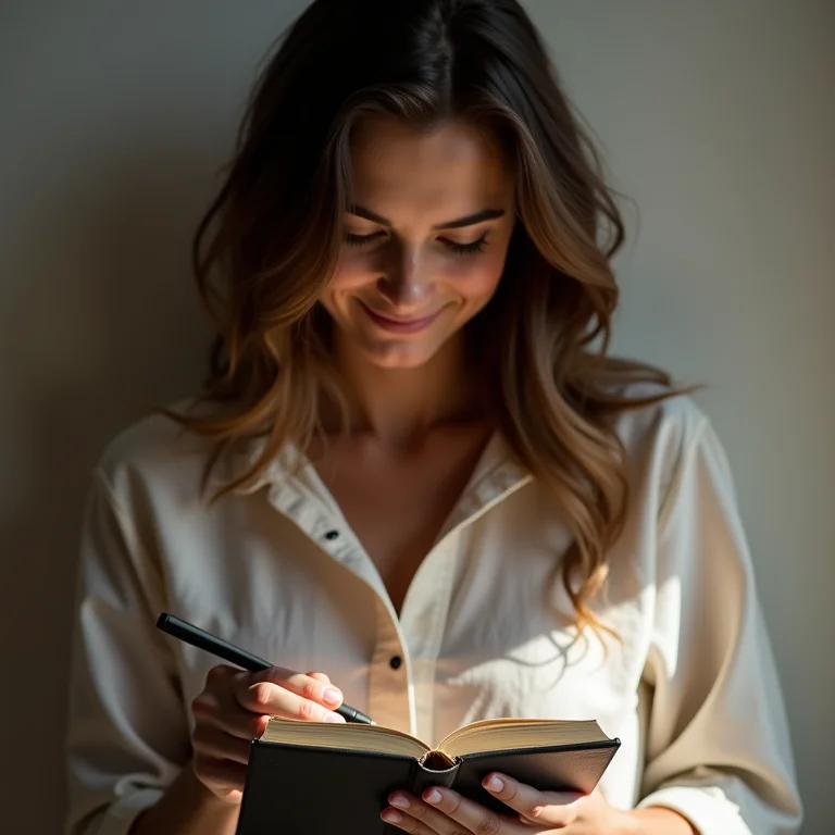 Mulher escrevendo em um diário sobre seus sentimentos, expressando empatia.