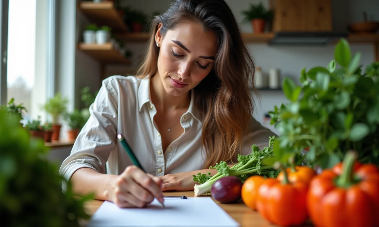 Mulher escrevendo lista de compras com vegetais orgânicos na mesa.
