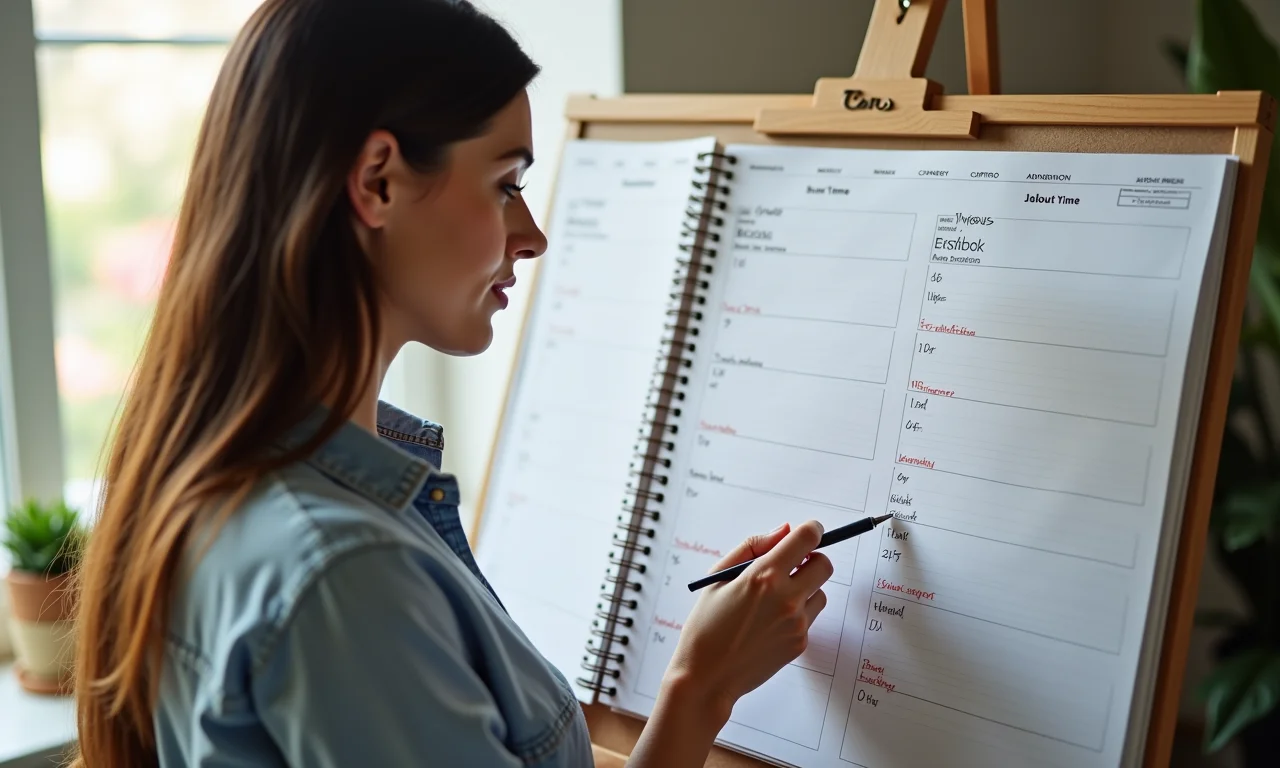 Mulher estimando o tempo necessário para cada tarefa em seu planejador.