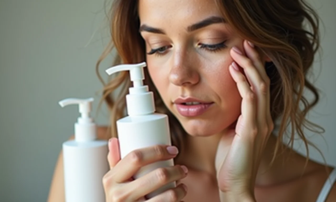 Mulher examinando a lista de ingredientes de um sabonete facial.