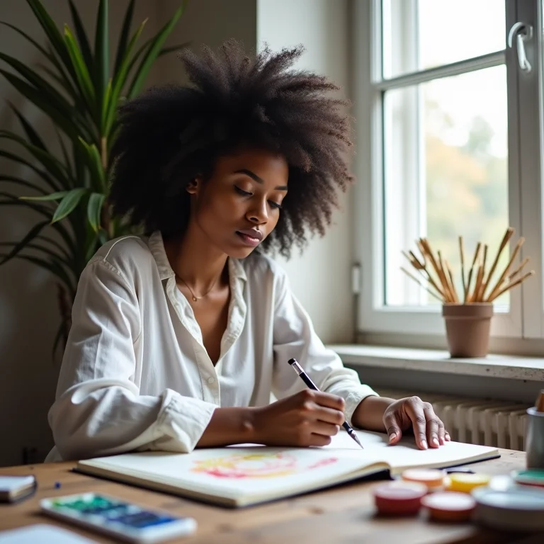 Mulher expressando sentimentos através da arte no journaling.
