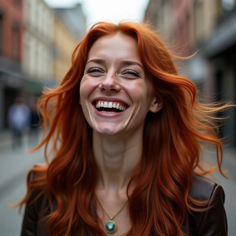 Mulher expressiva com cabelo ruivo acobreado avermelhado