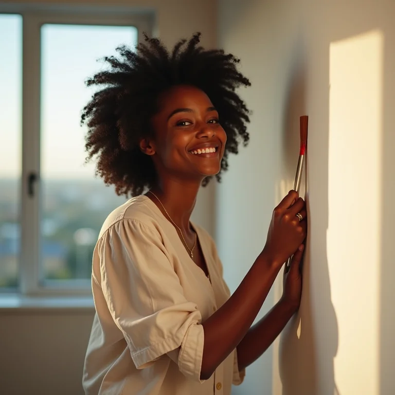 Mulher fazendo decoração DIY em quarto de casal