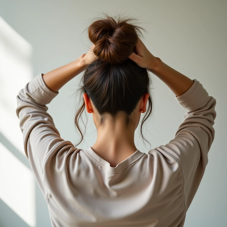 Mulher fazendo um coque despojado.