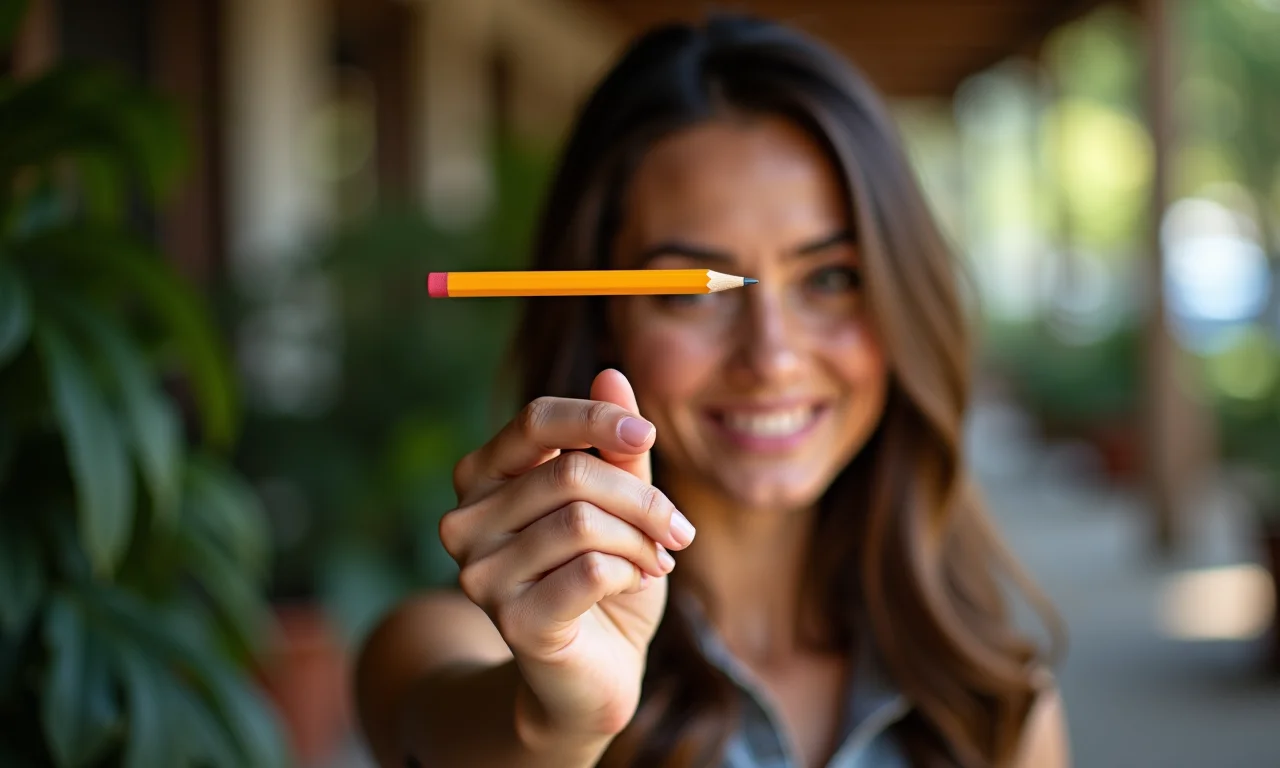 Mulher fazendo um lápis flutuar em demonstração de mágica.