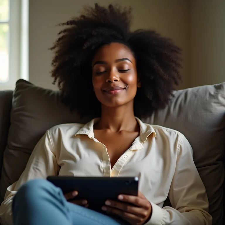 Mulher fazendo uma pausa durante um tour virtual.
