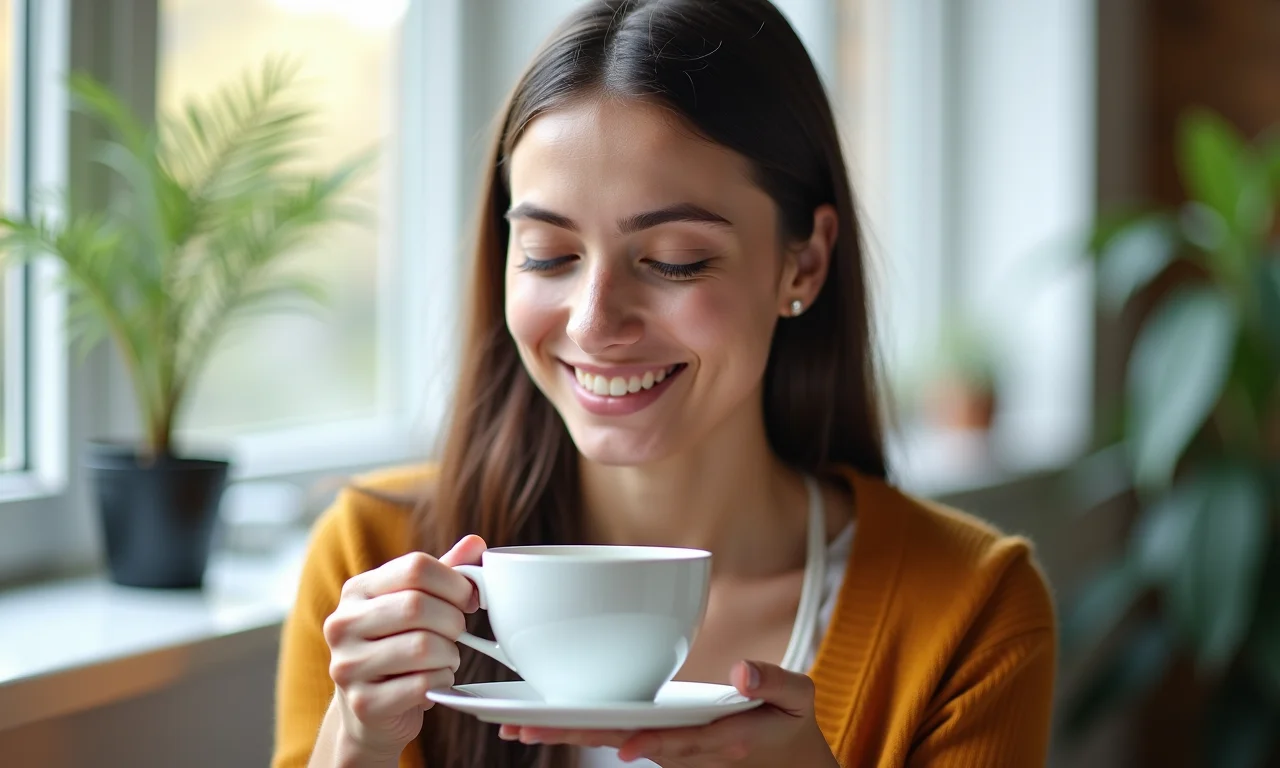 Mulher fazendo uma pausa no planejamento e relaxando com chá.
