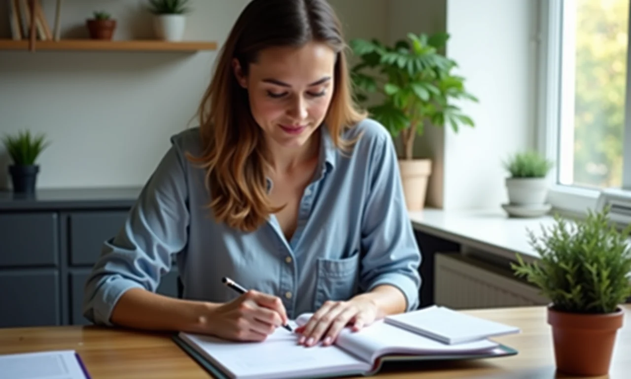 Mulher focada trabalhando em casa, usando um planejador.