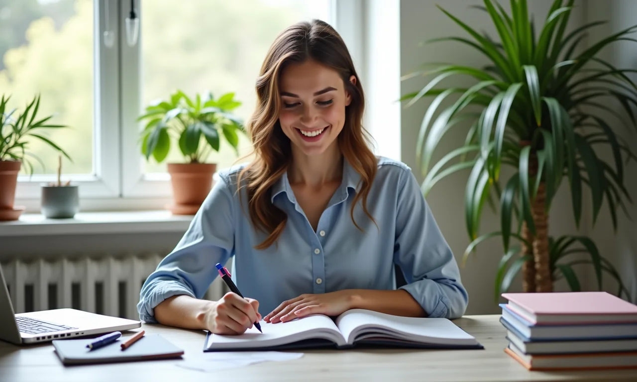 Mulher gerenciando tarefas de forma eficiente com um planejador.