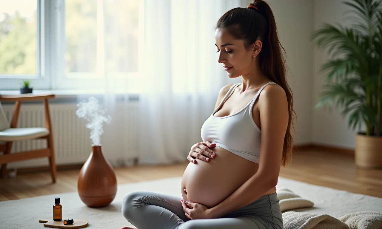 Mulher grávida consultando guia de aromaterapia.