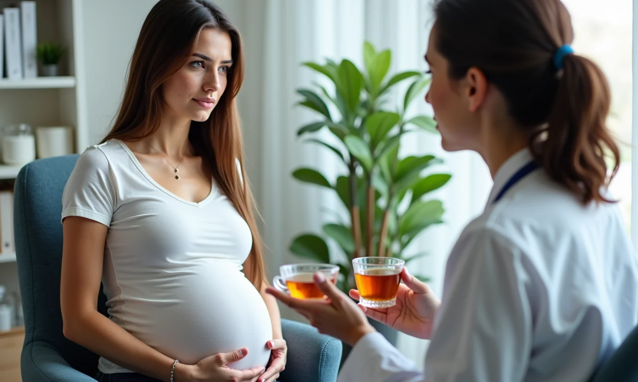 Mulher grávida consultando médico sobre chás.