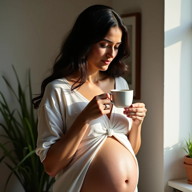 Mulher grávida pensando em tomar chá de alecrim.