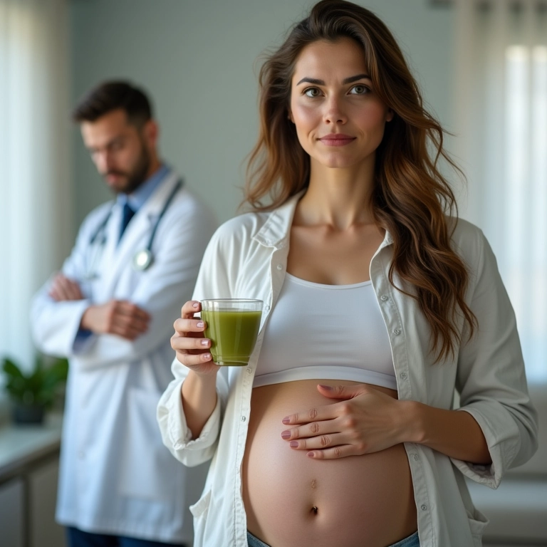Mulher grávida segurando uma xícara de chá verde, expressão de dúvida.