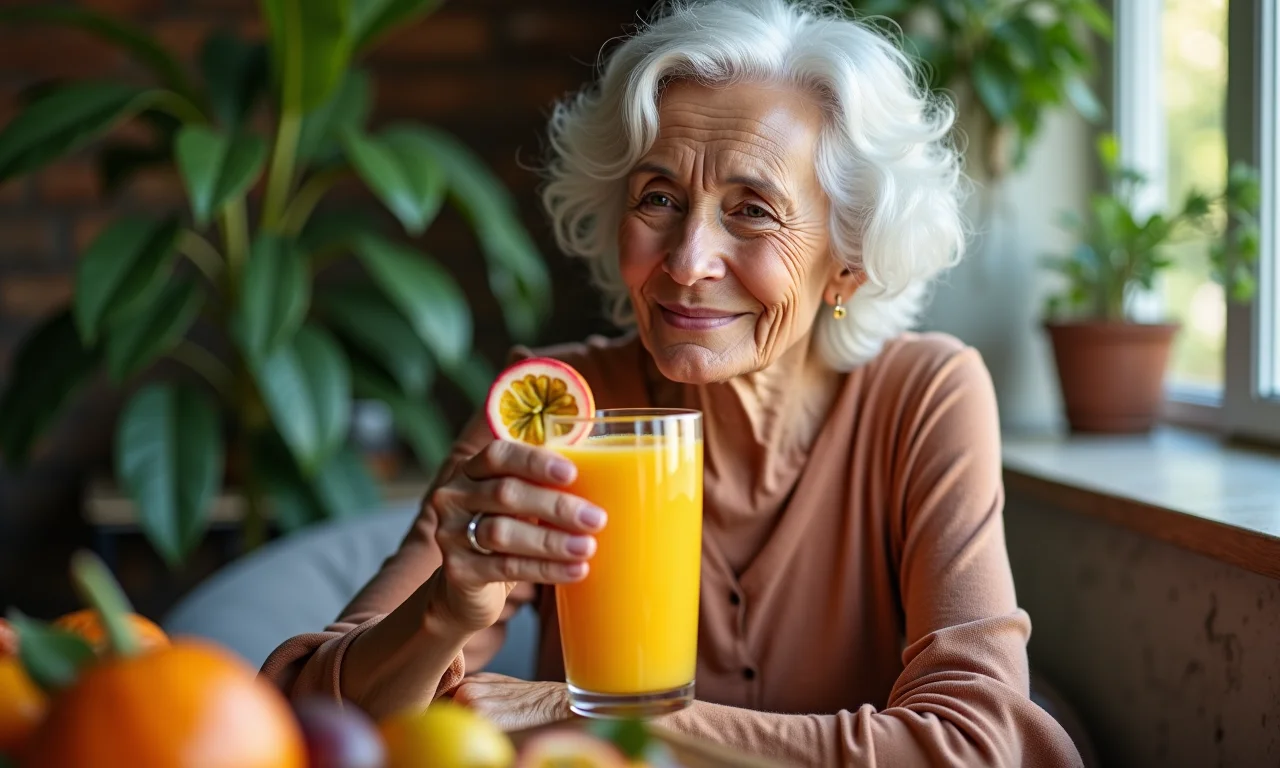 Mulher idosa aproveitando suco de maracujá.