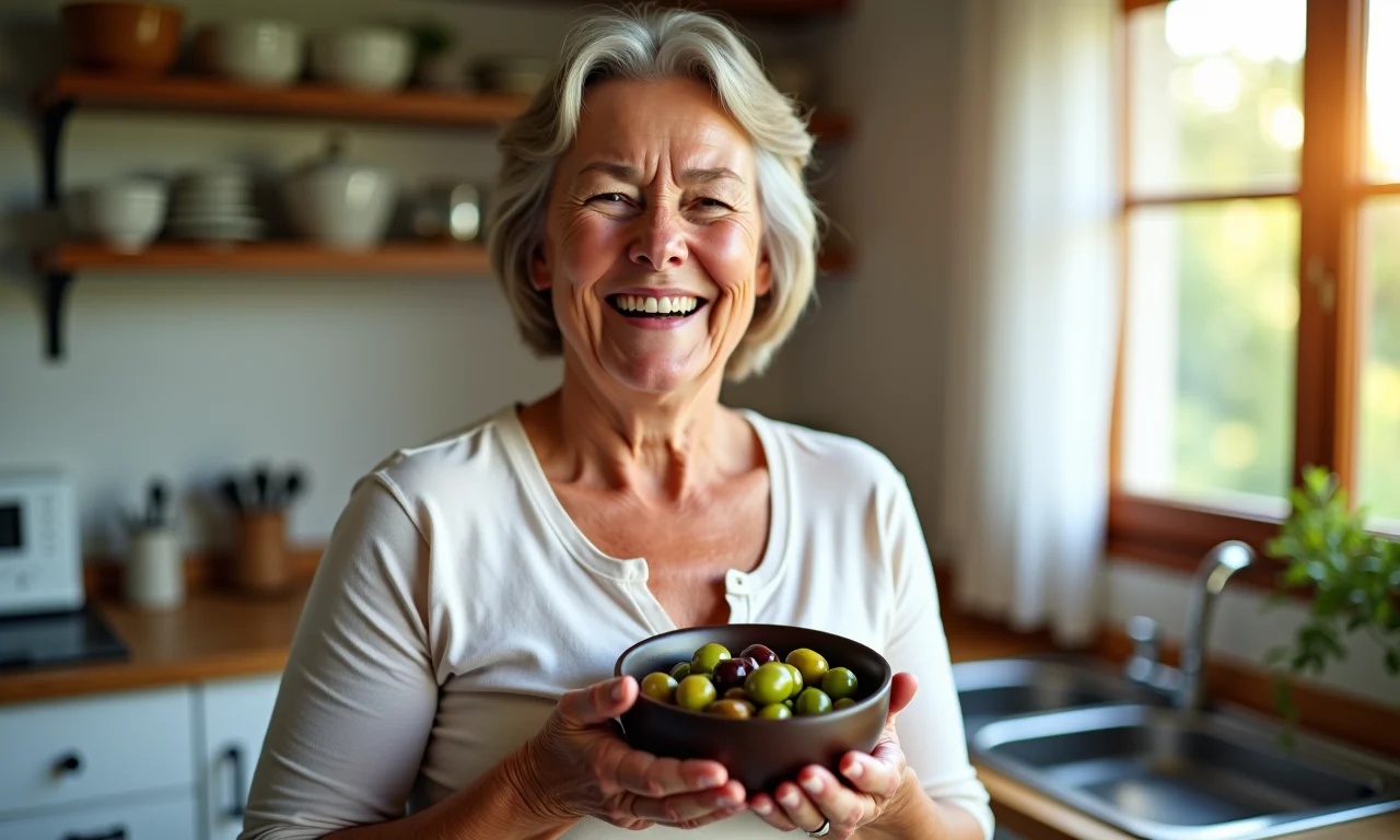 Mulher idosa sorrindo segurando azeitonas perto do coração.