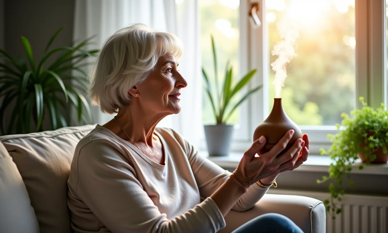 Mulher idosa usando difusor de óleos essenciais em casa.