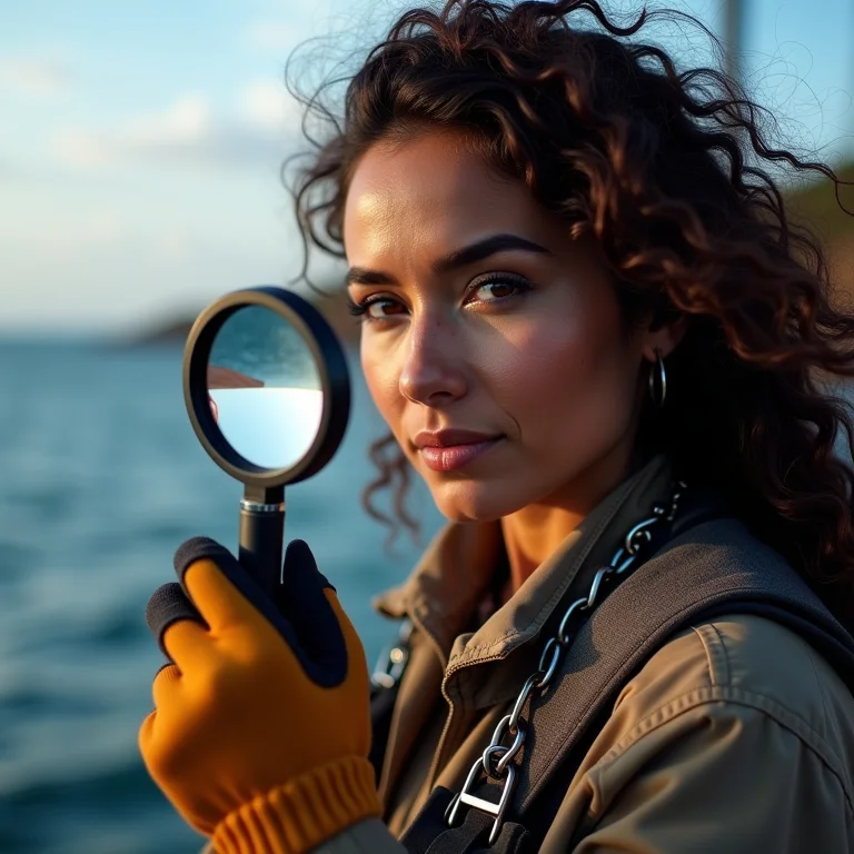Mulher inspecionando corrente de âncora com lupa