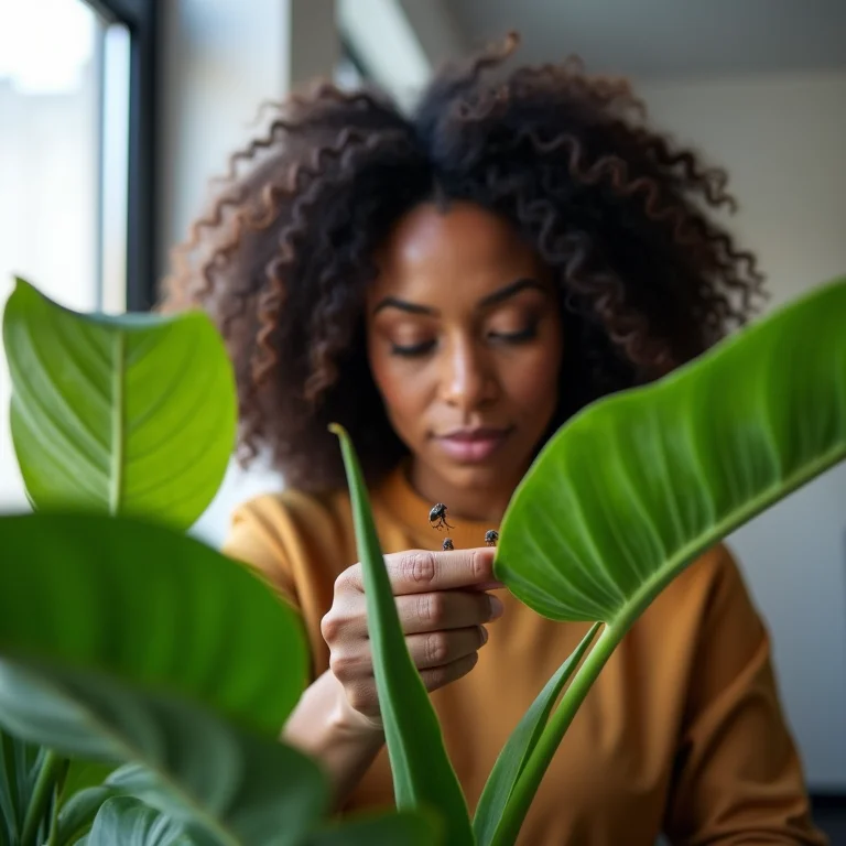 Mulher inspecionando planta do escritório em busca de pragas