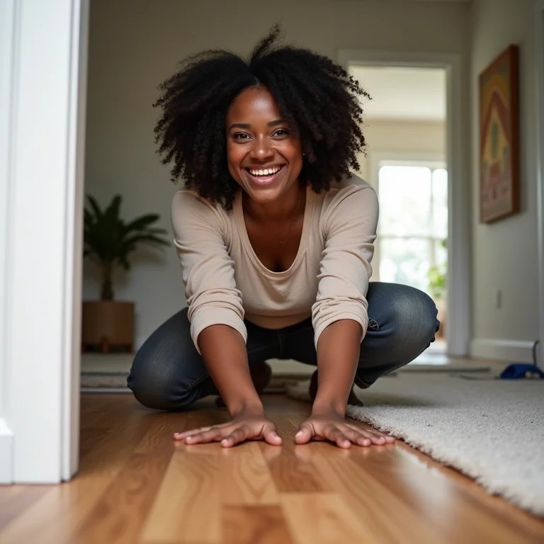 Mulher instalando piso laminado em casa