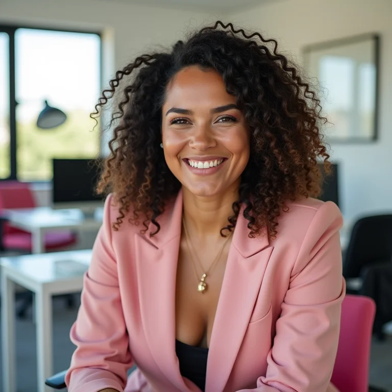 Mulher latina sorrindo e confiante sentada em uma cadeira de escritório rosa