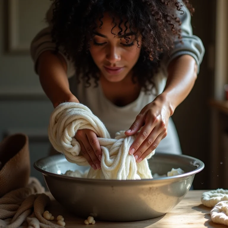 Mulher lavando cachecol de lã à mão com cuidado