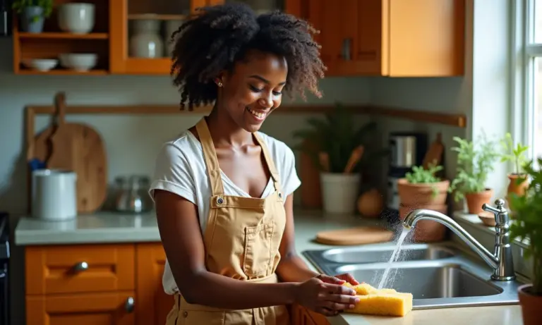Mulher lavando louça com bucha vegetal em cozinha colorida.