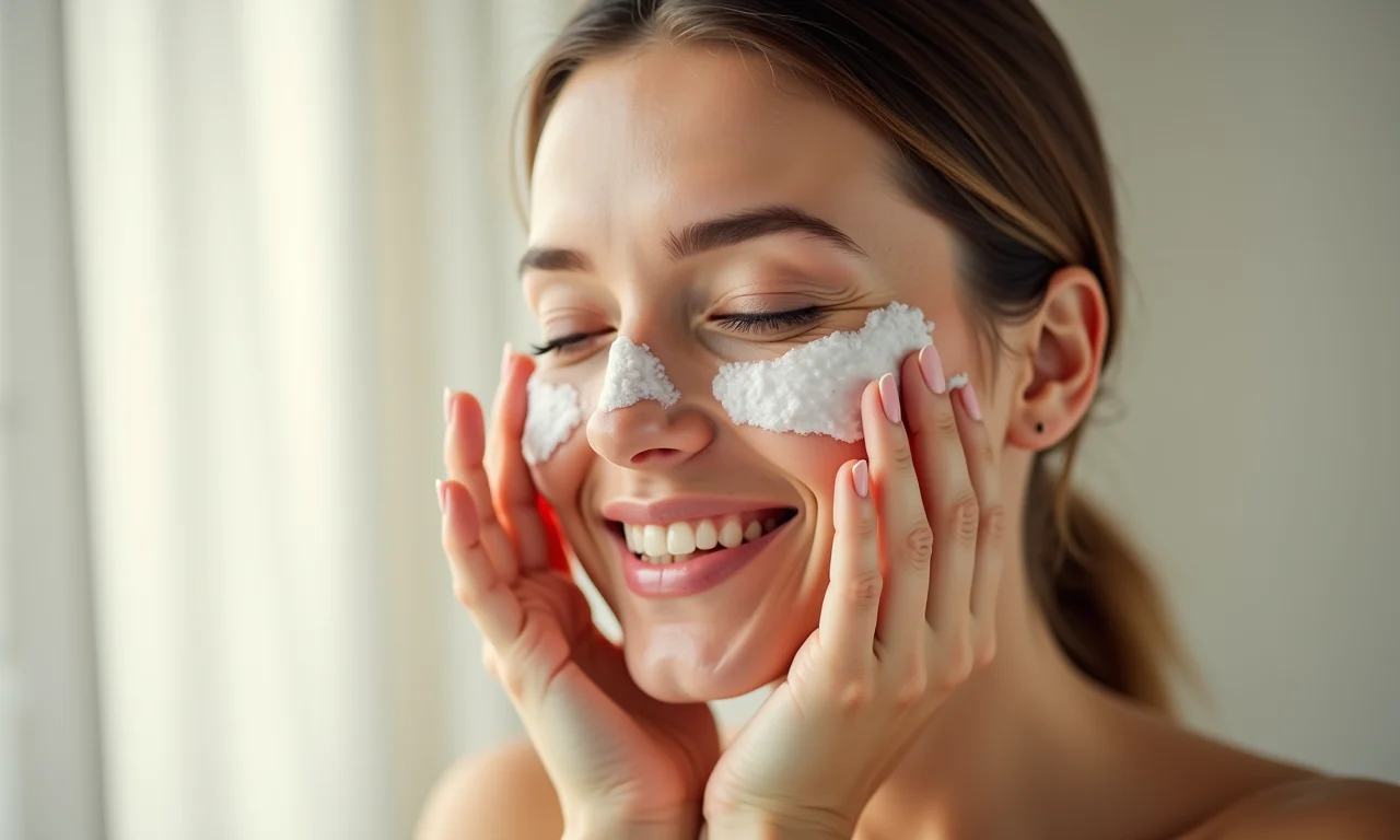 Mulher lavando o rosto suavemente com sabonete facial.