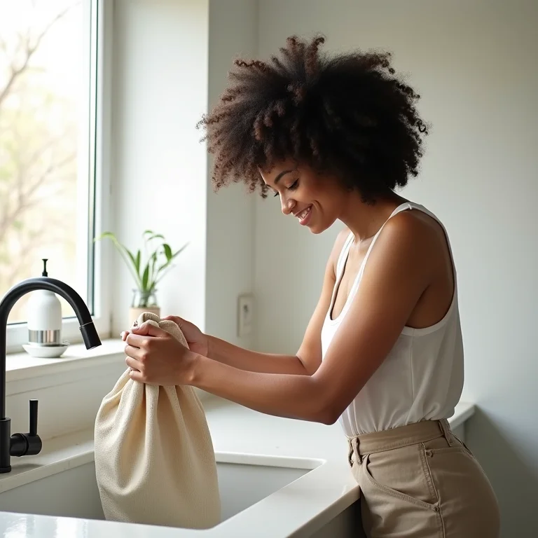 Mulher lavando saquinho de tecido na pia da cozinha.