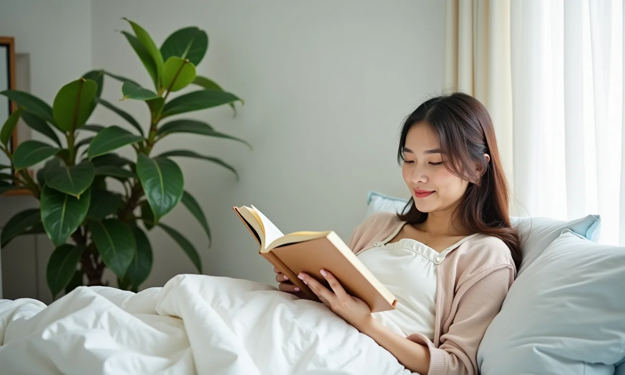 Mulher lendo em quarto com jasmim, ambiente relaxante.