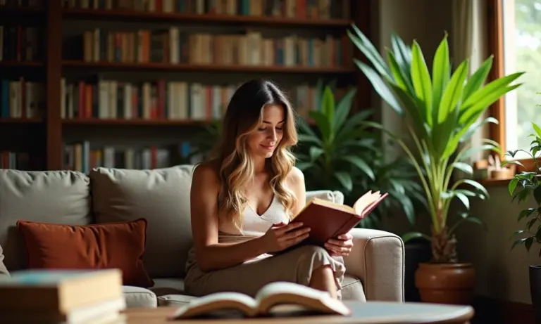 Mulher lendo em sala aconchegante decorada em estilo brasileiro.