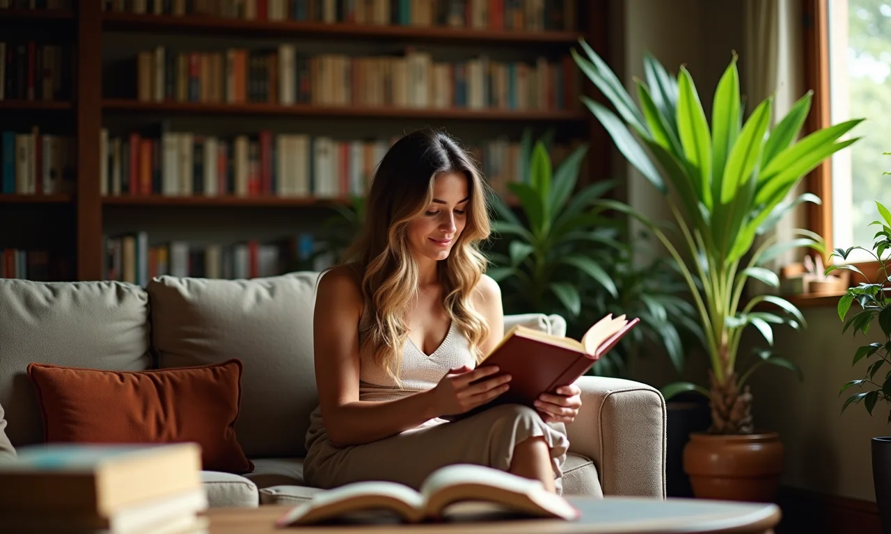 Desafios de Leitura: 5 Ideias Para Ler Mais em 2025 Mulher lendo em sala aconchegante decorada em estilo brasileiro.