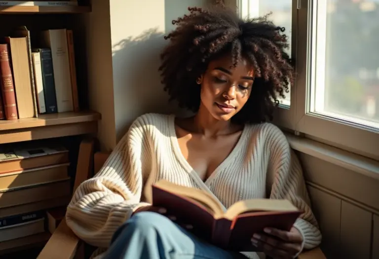 Mulher lendo livro de desenvolvimento pessoal em ambiente aconchegante