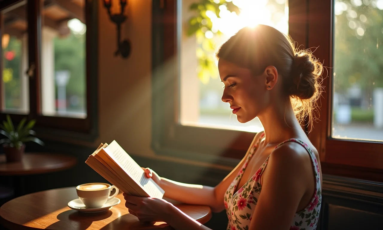 Mulher lendo 'Orgulho e Preconceito' em café charmoso no Brasil.