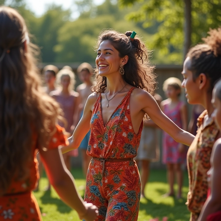 Mulher liderando dança circular em seu quintal, demonstrando liderança.