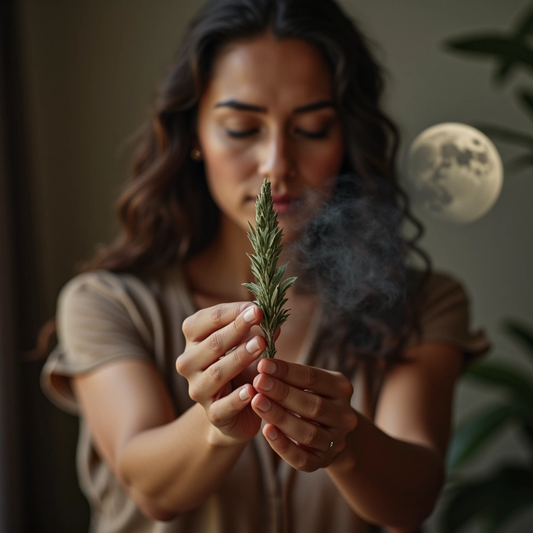 Mulher limpando energias com sálvia durante ritual de Lua Nova.