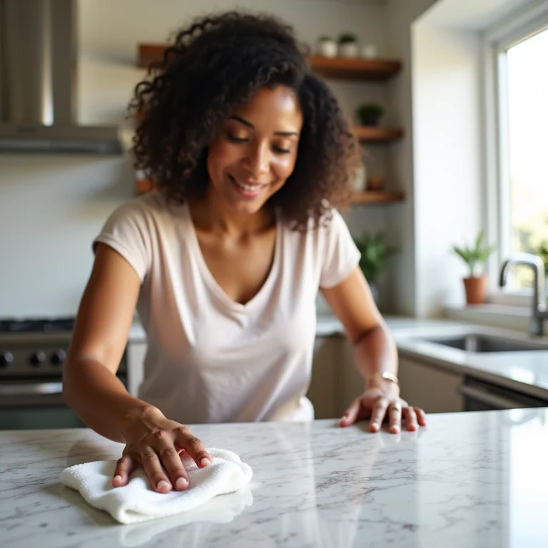 Mulher limpando facilmente uma bancada de granito com um pano