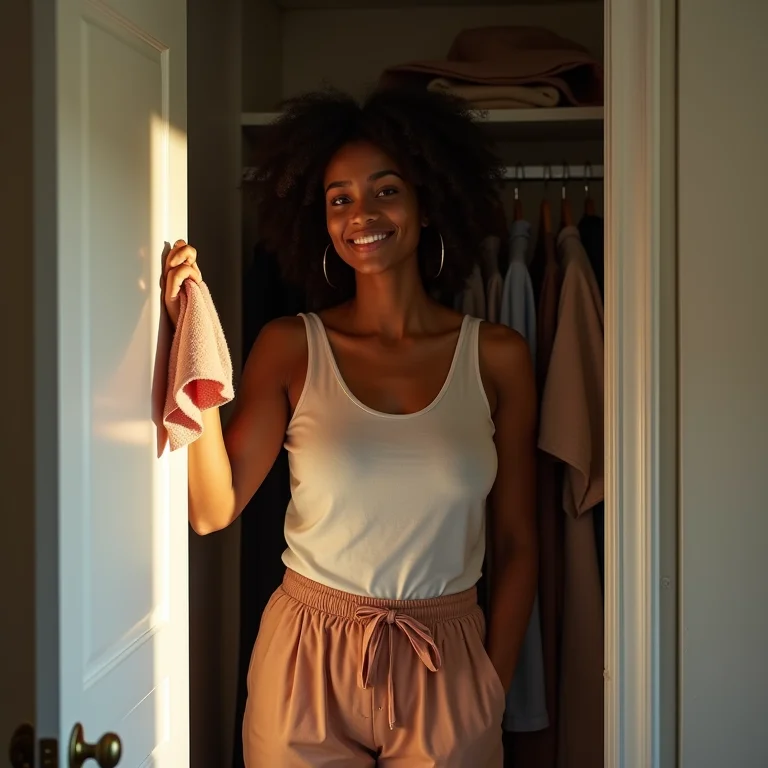 Mulher limpando o interior de um armário.