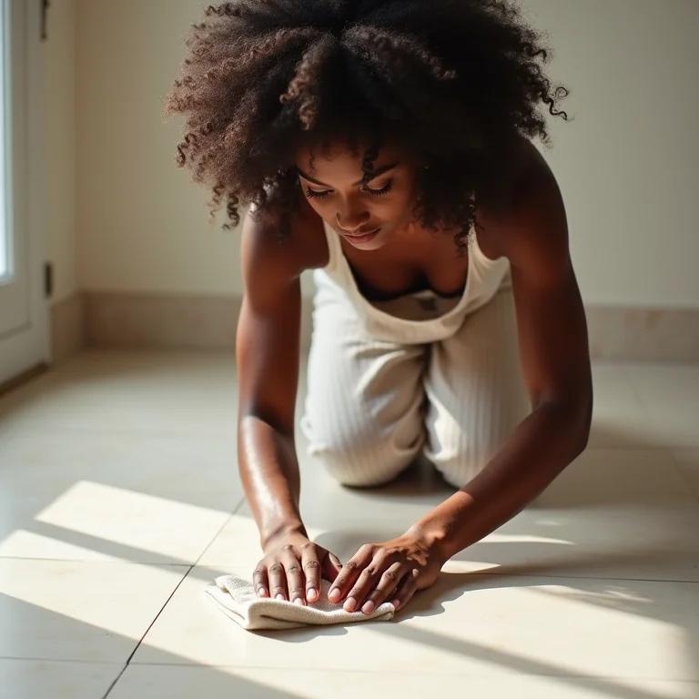 Mulher limpando porcelanato Calacata