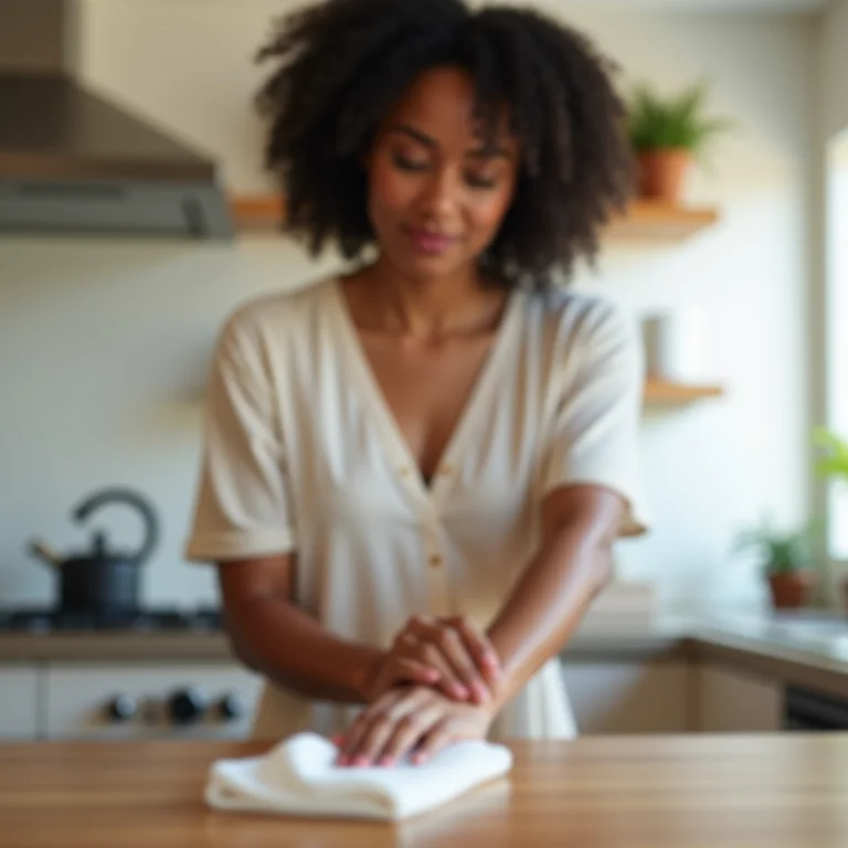 Mulher limpando rapidamente a bancada da cozinha