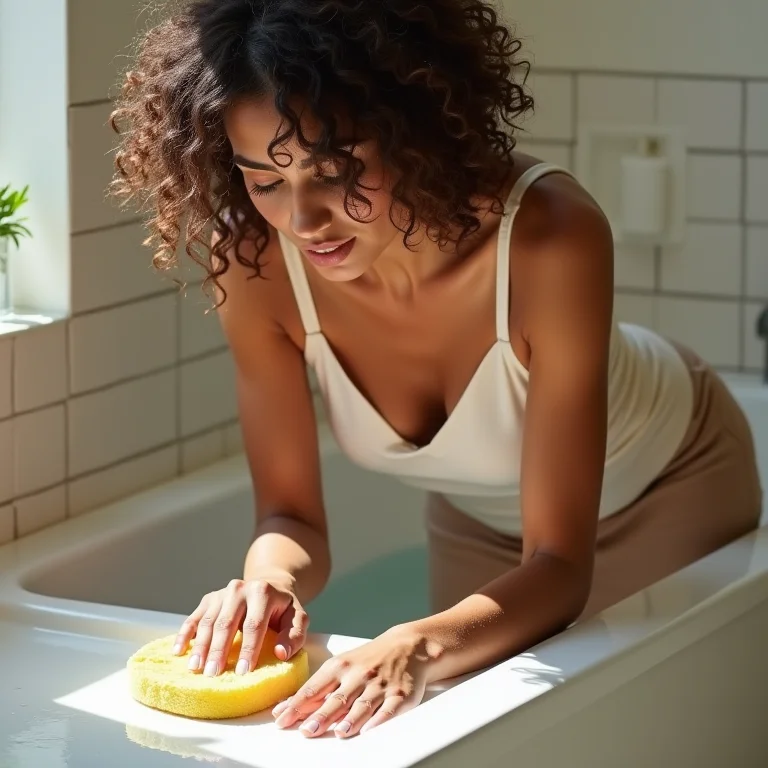 Mulher limpando tapete de vinil no banheiro
