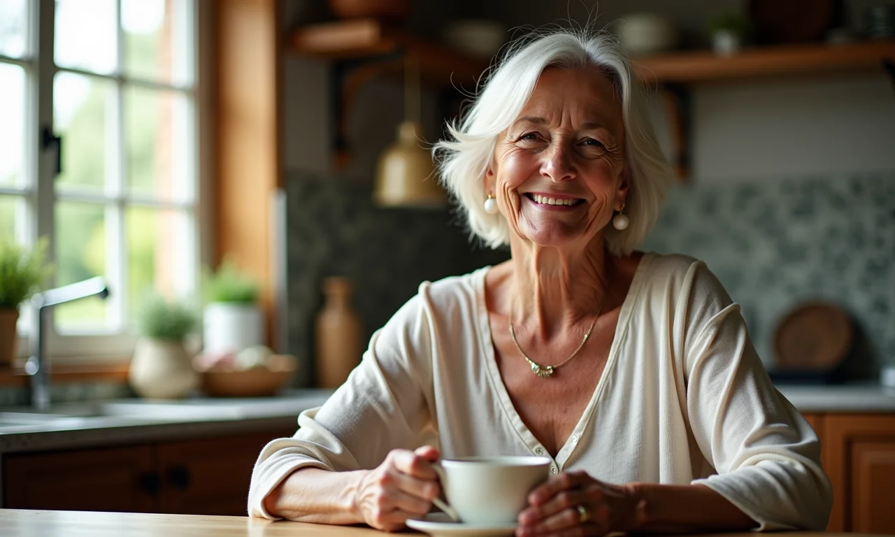 Mulher madura bebendo chá de amora em cozinha ensolarada.