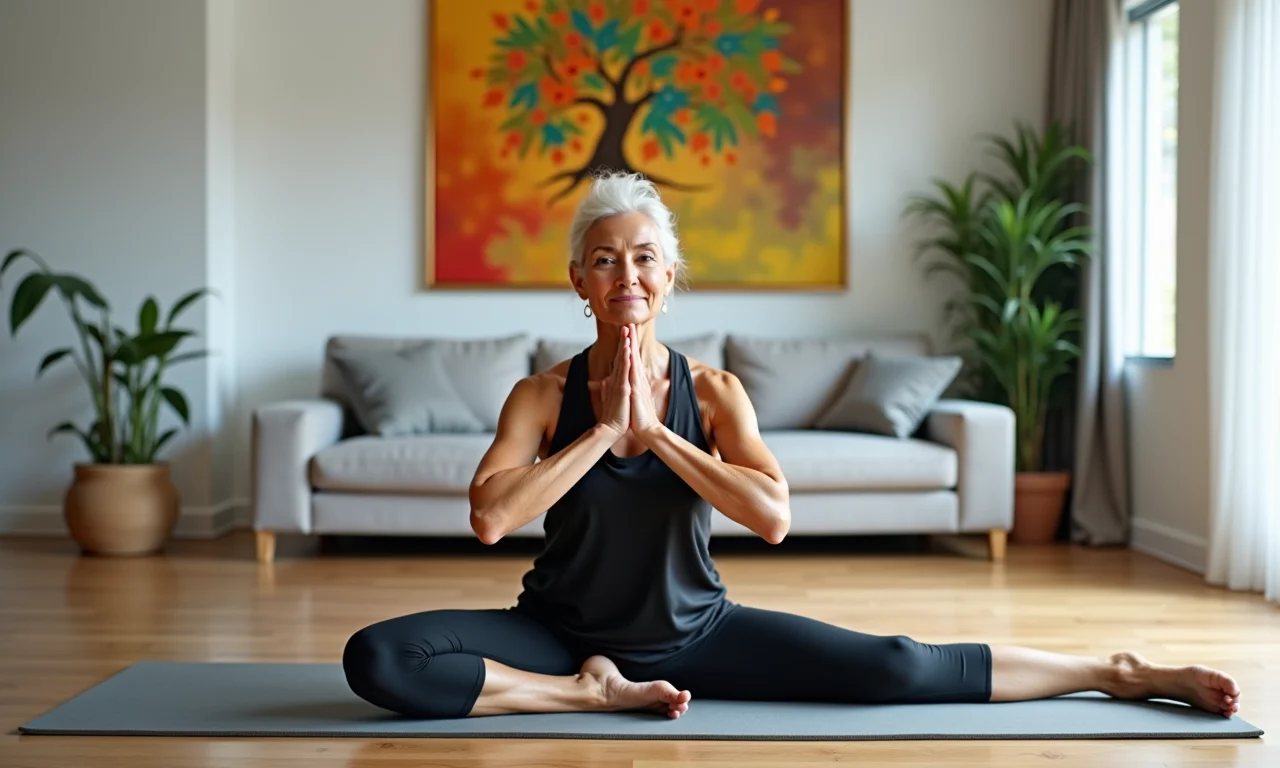 Mulher mais velha praticando o exercício Cachorro-Pássaro em apartamento.