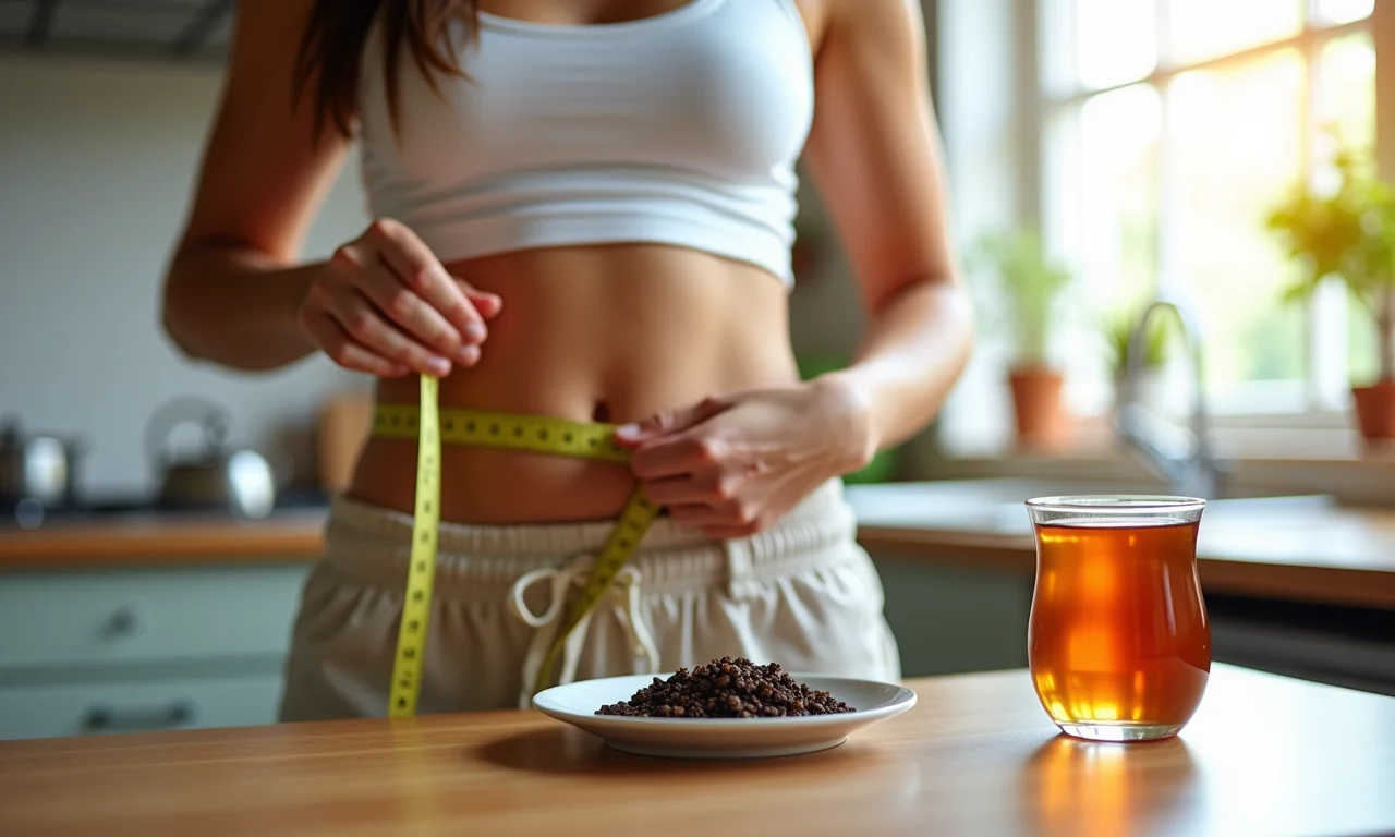 Mulher medindo a cintura com chá de folha de amora ao lado.
