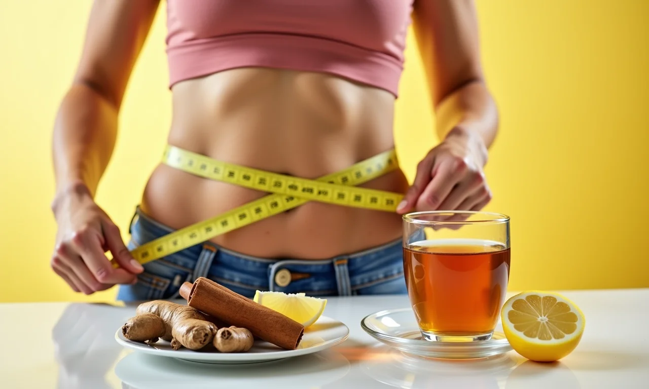 Mulher medindo cintura ao lado do chá.