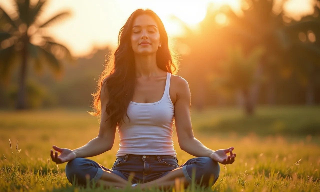 Mulher meditando ao ar livre sob a luz do sol, demonstrando a melhora do humor e bem-estar proporcionada pela vitamina D.