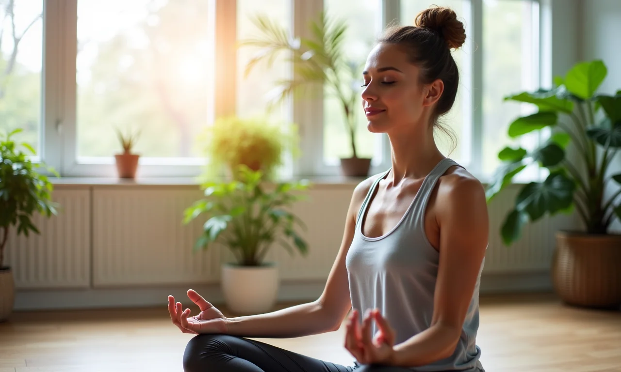 Mulher meditando após a Saudação ao Sol, sensação de calma e relaxamento.